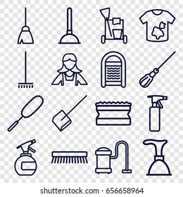 Cleaner icons set. set of 16 cleaner outline icons such as spray bottle, plunger, cleaning tools, broom, dustpan, mop, sponge, dust brush, vacuum cleaner, clean brush, maid