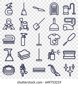 Cleaner icons set. set of 25 cleaner outline icons such as spray bottle, plunger, cleaning tools, broom, vacuum cleaner, mop, dustpan, clean, sponge, dust brush, clean brush