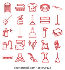 Cleaner icons set. set of 25 cleaner outline icons such as spray bottle, plunger, cleaning tools, broom, vacuum cleaner, mop, dustpan, clean, sponge, clean brush, maid