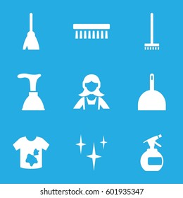 cleaner icons set. Set of 9 cleaner filled icons such as spray bottle, plunger, broom, dustpan, clean, clean brush, maid