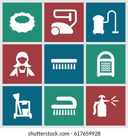 Cleaner icons set. set of 9 cleaner filled icons such as cleaning tools, vacuum cleaner, sponge, clean brush, maid