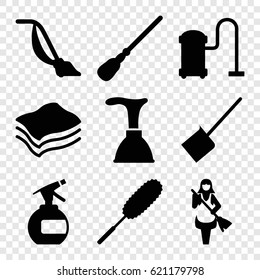 Cleaner icons set. set of 9 cleaner filled icons such as spray bottle, plunger, dustpan, mop, dust brush, vacuum cleaner, maid