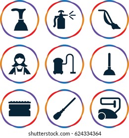 Cleaner icons set. set of 9 cleaner filled icons such as plunger, vacuum cleaner, mop, sponge, maid