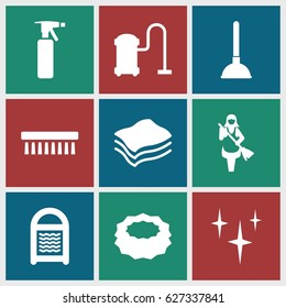 Cleaner icons set. set of 9 cleaner filled icons such as spray bottle, plunger, clean, sponge, vacuum cleaner, clean brush