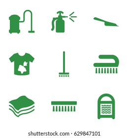 Cleaner icons set. set of 9 cleaner filled icons such as dustpan, broom, sponge, vacuum cleaner, clean brush, dirty laundry