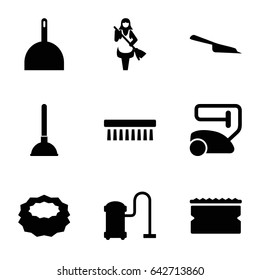 Cleaner icons set. set of 9 cleaner filled icons such as plunger, vacuum cleaner, dustpan, sponge, clean brush