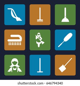 Cleaner icons set. set of 9 cleaner filled icons such as plunger, mop, dustpan, broom, dust brush, vacuum cleaner, clean brush