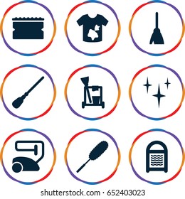 Cleaner icons set. set of 9 cleaner filled icons such as cleaning tools, broom, vacuum cleaner, mop, clean, sponge, dust brush