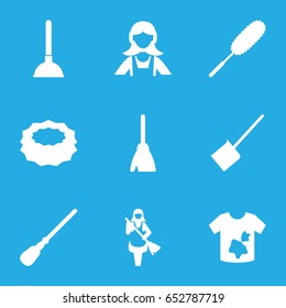 Cleaner icons set. set of 9 cleaner filled icons such as plunger, broom, dustpan, mop, sponge, dust brush, maid