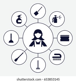 Cleaner icons set. set of 9 cleaner filled icons such as spray bottle, plunger, dustpan, broom, mop, sponge, clean brush