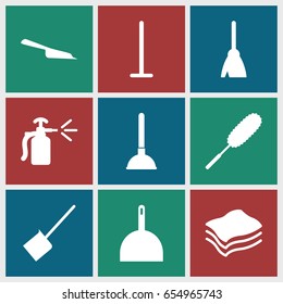 Cleaner icons set. set of 9 cleaner filled icons such as plunger, broom, mop, dustpan, dust brush, spray bottle