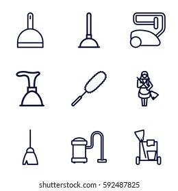 cleaner icons set. Set of 9 cleaner outline icons such as plunger, cleaning tools, broom, vacuum cleaner, dustpan, dust brush