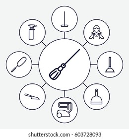 Cleaner icons set. set of 9 cleaner outline icons such as spray bottle, plunger, vacuum cleaner, mop, dustpan, dust brush