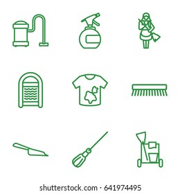 Cleaner icons set. set of 9 cleaner outline icons such as spray bottle, cleaning tools, dustpan, mop, sponge, vacuum cleaner, clean brush, dirty laundry
