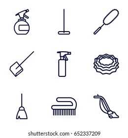 Cleaner icons set. set of 9 cleaner outline icons such as spray bottle, broom, mop, dustpan, sponge, dust brush, vacuum cleaner