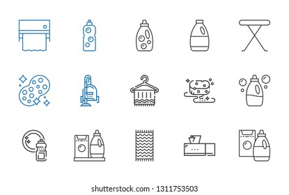 cleaner icons set. Collection of cleaner with detergent, tissue box, towel, washing, sponge, vacuum cleaner, iron table. Editable and scalable icons.