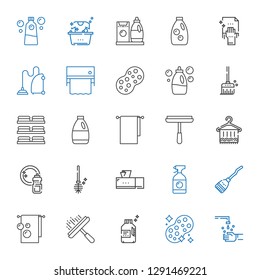 cleaner icons set. Collection of cleaner with hand wash, sponge, detergent, window cleaner, towel, broom, tissue box, toilet brush, washing. Editable and scalable icons.