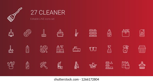 cleaner icons set. Collection of cleaner with laundry, hand wash, vacuum cleaner, detergent, window cleaner, towel, tissue box, sponge, wiping. Editable and scalable icons.