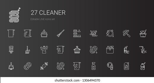 cleaner icons set. Collection of cleaner with washing, window cleaner, towel, sponge, tissues, dustpan, cleaning, detergent, broom, dispenser. Editable and scalable icons.