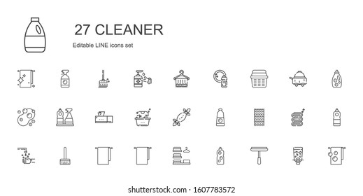 cleaner icons set. Collection of cleaner with window cleaner, detergent, laundry, towels, towel, broom, hand wash, tissues, tissue box, sponge. Editable and scalable icons.