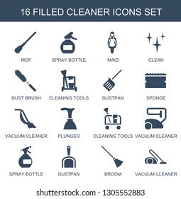 cleaner icons. Trendy 16 cleaner icons. Contain icons such as mop, spray bottle, maid, clean, dust brush, cleaning tools, dustpan, sponge, vacuum cleaner. cleaner icon for web and mobile.