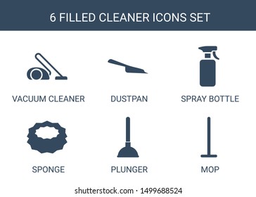 cleaner icons. Trendy 6 cleaner icons. Contain icons such as vacuum cleaner, dustpan, spray bottle, sponge, plunger, mop. icon for web and mobile.