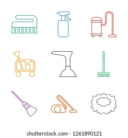 cleaner icons. Trendy 9 cleaner icons. Contain icons such as sponge, vacuum cleaner, mop, broom, plunger, cleaning tools, spray bottle, clean brush. cleaner icon for web and mobile.