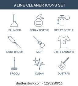 cleaner icons. Trendy 9 cleaner icons. Contain icons such as plunger, spray bottle, dust brush, mop, dirty laundry, broom, clean, dustpan. cleaner icon for web and mobile.