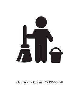 Cleaner man with broom and bucket, vector line icon. Can be used for web and mobile.