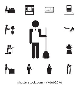 Cleaner Man with a broom sweeping roads icon. Set of professions disasters icons. Signs and symbols collection, simple icons for websites, web design, mobile app, info graphics on white background
