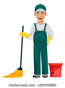 Cleaner man cartoon character with mop and bucket. Cleaning service concept. Vector illustration isolated on white background