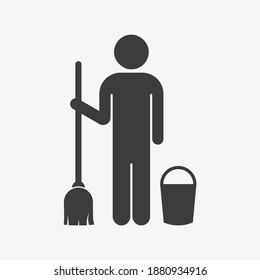A cleaner man with cleaning tool equipment, broom and basket. Vector illustration.