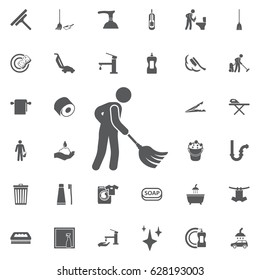 Cleaner Man And Cleaning Tool Equipment People Icon Illustration Design On The White Background. Set Of Cleaning Icons