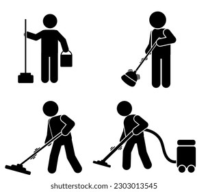 Cleaner Man with Cleaning Tools and Equipments Stick Figure Pictogram . cleaning illustration