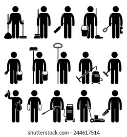 Cleaner Man with Cleaning Tools and Equipments Stick Figure Pictogram Icons