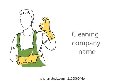Hombre más limpio con guantes y delantal. El concepto de buen servicio de limpieza Un dibujo de línea continua de personal más limpio.