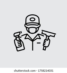 Cleaner Man Holding Cleaning Equipment Vector Line Style Icon
