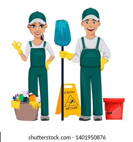 Cleaner man holds mop and woman shows ok sign. Cheerful cartoon characters, set of two poses. Cleaning service concept. Vector illustration isolated on white background