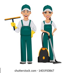 Cleaner man holds rubber squeegee and woman holds vacuum cleaner. Cheerful cartoon characters, set of two poses. Cleaning service concept. Vector illustration isolated on white background