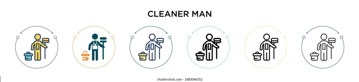 Cleaner man icon in filled, thin line, outline and stroke style. Vector illustration of two colored and black cleaner man vector icons designs can be used for mobile, ui, web