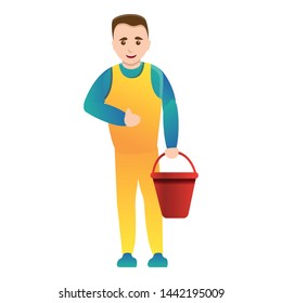 Cleaner man with red bucket icon. Cartoon of cleaner man with red bucket vector icon for web design isolated on white background