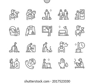 Cleaner master. Reviews about work. Clean room. Cleaning team. Call cleaner. Pixel Perfect Vector Thin Line Icons. Simple Minimal Pictogram