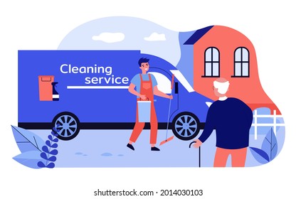 Cleaner With Mop And Bucket Going To House Of Old Man. Senior With Walking Stick Waiting For Worker Flat Vector Illustration. Cleaning Service, Elderly People Care Concept For Banner, Website Design