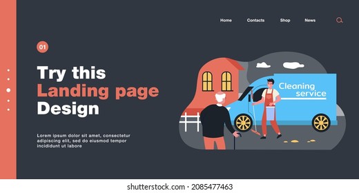 Cleaner with mop and bucket going to house of old man. Senior with walking stick waiting for worker flat vector illustration. Cleaning service, elderly people care concept for banner, website design