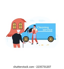 Cleaner with mop and bucket going to house of old man. Senior with walking stick waiting for worker flat vector illustration. Cleaning service, elderly people care concept