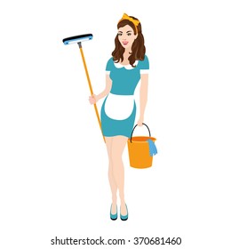 The cleaner with a mop, cloth and bucket. Cute cleaning lady standing and smiling. Vector woman.