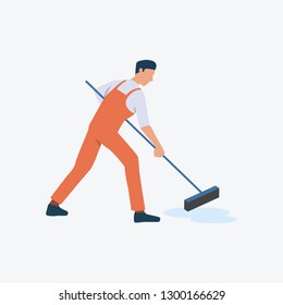 Cleaner with mop in orange uniform. Cleaning, working, equipment. Can be used for topics like professional, working, cleaning company