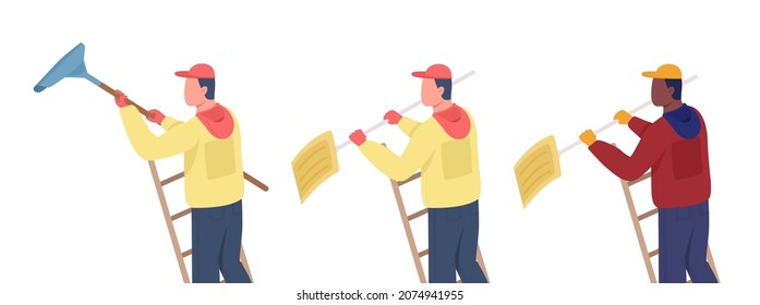 Cleaner on ladder semi flat color vector characters set. Dynamic figures. Full body people on white. Winter season isolated modern cartoon style illustration for graphic design and animation pack