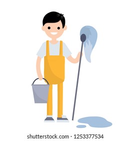 Cleaner in an orange jumpsuit. Service worker with MOP and bucket. Wet cleaning from dirt and dust. Blue puddle of water on the floor. Kind of profession men. Cartoon flat illustration.