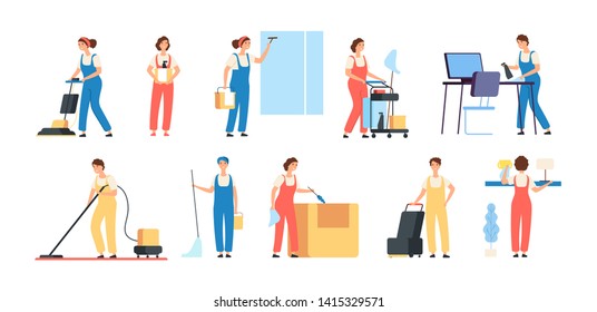 Cleaner persons. Cleaning service workers male female cleaners in uniform vacuuming housemaids household equipment vector characters